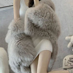 Style Light Grey Hooded Patchwork Fuzzy Fur Fluffy Jacket Winter