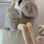 Style Light Grey Hooded Patchwork Fuzzy Fur Fluffy Jacket Winter