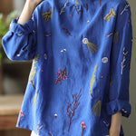 Stylish Blue Embroideried retro Linen Blouse Tops Spring
