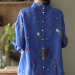 Stylish Blue Embroideried retro Linen Blouse Tops Spring