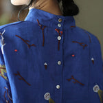 Stylish Blue Embroideried retro Linen Blouse Tops Spring