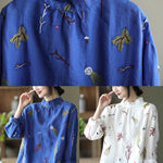 Stylish Blue Embroideried retro Linen Blouse Tops Spring