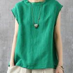 Stylish Green O-Neck Sleeveless Linen Summer Tops