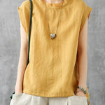 Stylish Green O-Neck Sleeveless Linen Summer Tops