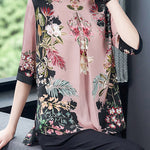 Stylish Pink Stand Collar Print Side Open Silk Shirt Tops Half Sleeve