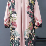 Stylish Pink Stand Collar Print Side Open Silk Shirt Tops Half Sleeve