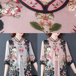 Stylish Pink Stand Collar Print Side Open Silk Shirt Tops Half Sleeve