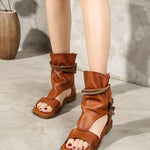 Summer Black Cowhide Leather Lace Up Peep Toe Walking Sandals