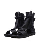 Summer Black Cowhide Leather Lace Up Peep Toe Walking Sandals