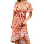 Zeagoo Women's Bohemian Floral Tie Front V Neck Midi Dresses