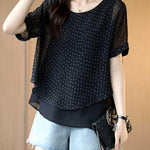 Unique Black O-Neck layered design Letter Print Chiffon Tops Short Sleeve