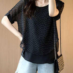 Unique Black O-Neck layered design Letter Print Chiffon Tops Short Sleeve