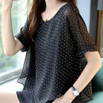 Unique Black O-Neck layered design Letter Print Chiffon Tops Short Sleeve