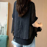 Unique Black O-Neck layered design Letter Print Chiffon Tops Short Sleeve