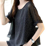 Unique Black O-Neck layered design Letter Print Chiffon Tops Short Sleeve