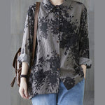 Unique Grey Peter Pan Collar Button Print Fall Blouses Long sleeve