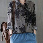 Unique Grey Peter Pan Collar Button Print Fall Blouses Long sleeve