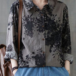Unique Grey Peter Pan Collar Button Print Fall Blouses Long sleeve