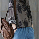 Unique Grey Peter Pan Collar Button Print Fall Blouses Long sleeve
