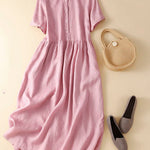 Unique Pink Peter Pan Collar Wrinkled Linen Holiday Dress Short Sleeve