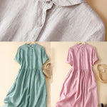 Unique Pink Peter Pan Collar Wrinkled Linen Holiday Dress Short Sleeve