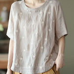 Unique White O-Neck Embroideried Summer Ramie Shirt Half Sleeve