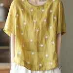 Unique White O-Neck Embroideried Summer Ramie Shirt Half Sleeve