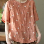Unique White O-Neck Embroideried Summer Ramie Shirt Half Sleeve