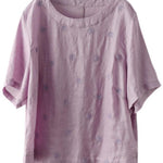 Unique White O-Neck Embroideried Summer Ramie Shirt Half Sleeve