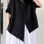 Unique black cotton clothes o neck asymmetric summer shirt