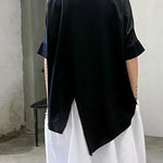 Unique black cotton clothes o neck asymmetric summer shirt