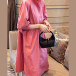 Vintage Pink Pockets Button Fall Half Sleeve Shirt dress