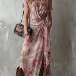 Romantic pink floral chiffon wrap dress with short sleeves