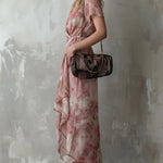 Romantic pink floral chiffon wrap dress with short sleeves