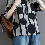 Water Ink Polka Dot Stripe Printed Cotton Linen T-shirt