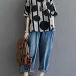 Water Ink Polka Dot Stripe Printed Cotton Linen T-shirt