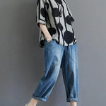 Water Ink Polka Dot Stripe Printed Cotton Linen T-shirt