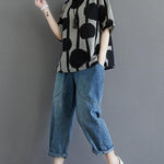 Water Ink Polka Dot Stripe Printed Cotton Linen T-shirt