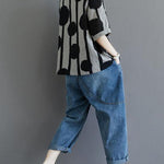 Water Ink Polka Dot Stripe Printed Cotton Linen T-shirt