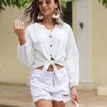 Tie Knot Front Tops Cotton Blouse Shirts - Zeagoo (Us Only)