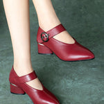 Wine Red Buckle Strap Splicing Chunky Heel Faux Leather Pointed Toe