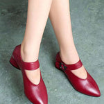 Wine Red Buckle Strap Splicing Chunky Heel Faux Leather Pointed Toe