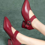 Wine Red Buckle Strap Splicing Chunky Heel Faux Leather Pointed Toe
