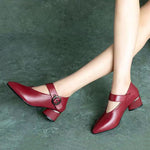 Wine Red Buckle Strap Splicing Chunky Heel Faux Leather Pointed Toe