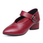 Wine Red Buckle Strap Splicing Chunky Heel Faux Leather Pointed Toe