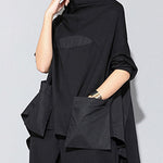 Women Black Turtleneck Patchwork Pockets Fall Top Long sleeve