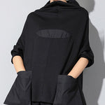 Women Black Turtleneck Patchwork Pockets Fall Top Long sleeve