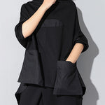Women Black Turtleneck Patchwork Pockets Fall Top Long sleeve