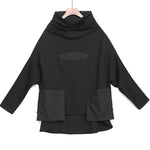 Women Black Turtleneck Patchwork Pockets Fall Top Long sleeve