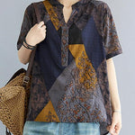 Women Blue Yellow V Neck Cotton Linen Blouse Tops Summer
